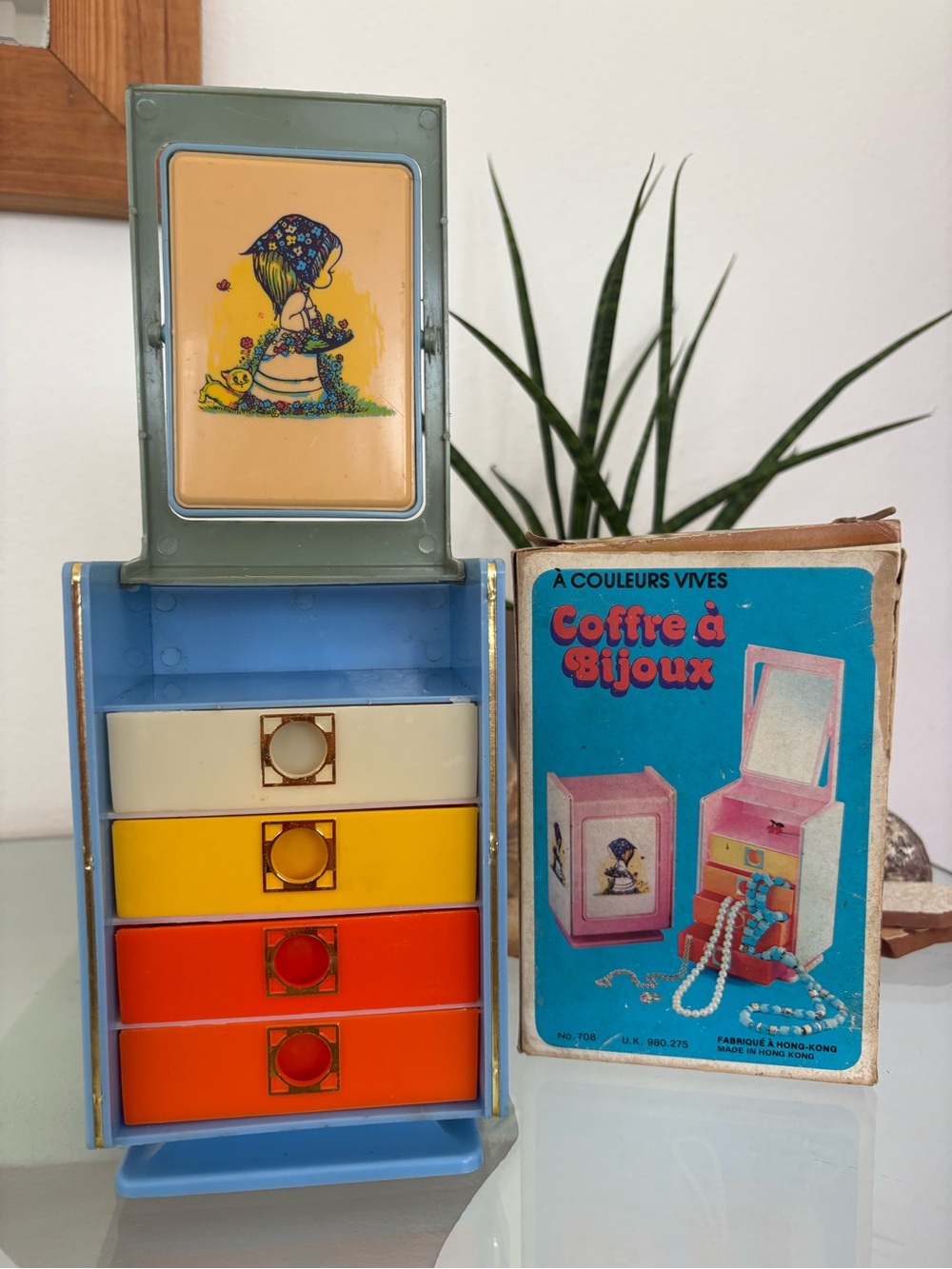Vintage Small Jewelry Box Cosmetics Case- Multicolor Storage Chest with Mirror